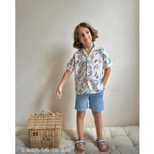 Gny Giyim Yaprak Desenli Keten Erkek Çocuk Gömlek Şort Takım