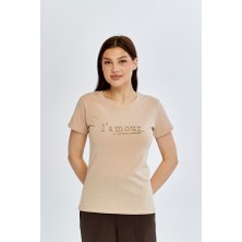 Trender Yazılı O Yaka Kadın T-Shirt L'mour Taş