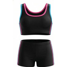 Endeep Kız Çocuk Siyah-Pembe Bustiyer Şortlu Yüzücü Mayo Bikini Takımı
