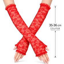 MiraLive Uzun Zarif Dantel Eldiven Parmaksız Kırmızı