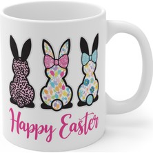 Tişört Kodu Happy Easter Porselen Kupa – Modern Tavşan Desenli Paskalya Kupa, Renkli & Eğlenceli Tasarım