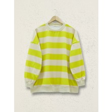 Modamorfo Yuvarlak Yaka Kalın Çizgili Oversize Sweat -Yağ Yeşili