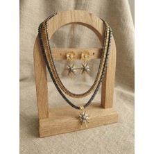 Doğaltaş Hematit Kuzey Yıldızı Kolye-Küpe Set