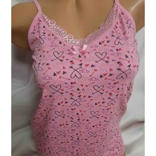 Shine Elagance Pembe Desenli Yakası Dantelli Ip Askılı %92 Pamuk %8 Elastan Dar Kesim Kadın Likralı Atlet