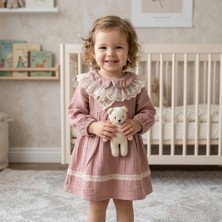 Tace Kids Kız Bebek Gül Kurusu Müslin Elbise - Dantel Yakalı Retro Vintage 9-24 Ay