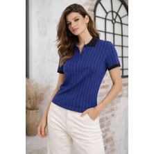 Kadın Polo Yaka Çizgili Tişört Kısa Kol Düğmeli Yazlık T-Shirt