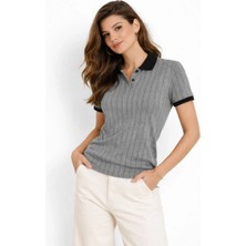 Kadın Polo Yaka Çizgili Tişört Kısa Kol Düğmeli Yazlık T-Shirt