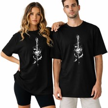 Kidilia Gitar Görselli Unisex Bisiklet Yaka Tasarım Tshirt - Beden: Srenk: Siyah