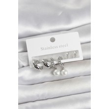 Store Mania Ieg™ 316L Çelik Gümüş Renk Inci Halka Detaylı Kadın Küpe Seti - TJ-BKP11696