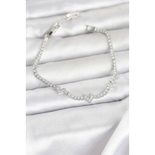 Getittir Pirinç Gümüş Renk Kalp Model Zirkon Taşlı Su Yolu Kadın Bileklik - Lisinya