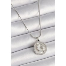 Krm 316L Çelik Gümüş Renk Zincir Zirkon Taş Detaylı Beyaz Sedefli Ay Yıldız Işleme Kadın