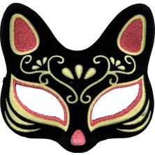 Krm Siyah Renk Süet Kaplama Üzeri Kırmızı Sarı Simli Kedi Maskesi 17X14 cm (5047) Krm