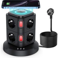 MarkEntegra Akım Korumalı Priz Kule Tipi Kablosuz Şarj Istasyonu, 8 Priz, 2 Type-C, 1 USB Girişli, 2mt Kablo