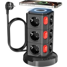 MarkEntegra Akım Korumalı Priz Kule Tipi Kablosuz Şarj Istasyonu 12X Priz, 2x Type-C, 1x USB Girişli 2mt Kablo