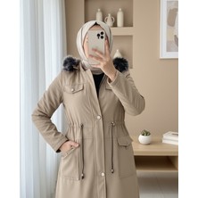 Modamorfo Çıkma Kapşonlu Bağcıklı Bondit Kısa Kaban   -Taş