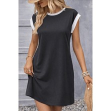 Sun & North Sun&north Kadın Kısa Kollu Yuvarlak Yakalı Kontrast Manset Detaylı Kısa Janjan Krep Elbise