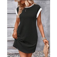 Runique Home Runiquehome Kadın Kısa Kollu Yuvarlak Yakalı Kontrast Manset Detaylı Kısa Janjan Krep Elbise