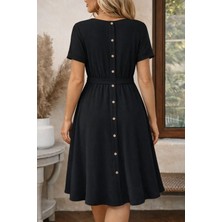 Deridün Yıldız Shoes Kadın Kısa Kollu Yuvarlak Yaka Arkadan Düğmeli Viskon Midi Elbise