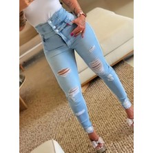 Bi Baksana Kadın Yüksek Belli Önden Düğmeli Yırtık Detaylı Kot Pantolon