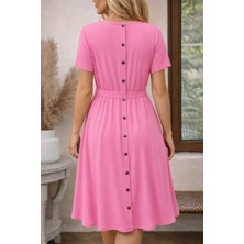 Nnstartshopping  Kadın Kısa Kollu Yuvarlak Yaka Arkadan Düğmeli Viskon Midi Elbise