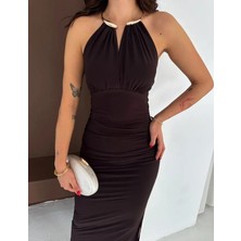 Deridün Yıldız Shoes Uzun Abiye Elbise Yırtmaçlı Sırt Dekolteli Şık Gece Elbisesi - Kahverengi