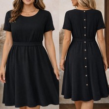 Mericline Kadın Kısa Kollu Yuvarlak Yaka Arkadan Düğmeli Viskon Midi Elbise