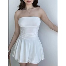 Gacha Straplez Mini Etek Görünümlü Şortlu Elbise Büzgülü Şık Yazlık - Beyaz