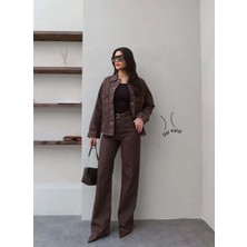 Esra Helvacı Denim Çıtçıtlı Gömlek Pantolon Takım Kadın Kahverengi Özel Olay için Şık Tasarım
