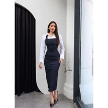 Esra Helvacı Kare Yaka Kalın Askılı Denim Elbise