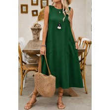 Deridün Yıldız Shoes Kadın Askılı Yuvarlak Yakalı Kıloş Cepli Uzun Elbise