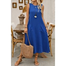 Gacha Kadın Askılı Yuvarlak Yakalı Kıloş Cepli Uzun Elbise