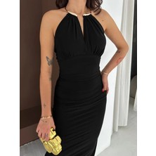 Hynova Uzun Abiye Elbise Yırtmaçlı Sırt Dekolteli Şık Gece Elbisesi - Siyah