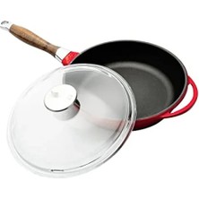 Calperia Kırmızı Renkli, Metal Cam Kapaklı Ahşap Kulplu 24 cm Yuvarlak Kızartma Tavası