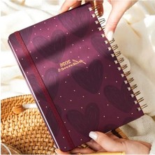 Calperia 12 Aylık Haftalık Ajanda - Bordo Kalp Desenli