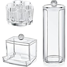 Calperia 3'lü Akrilik Makyaj Organizer Seti - Pamukluk, Ruj'luk, Kulak Çubuğu Kutusu