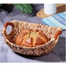 Calperia Bezli Oval Ahşap Kulplu Dekoratif Hasır Ekmek Sepeti