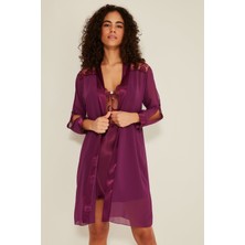 C&city 047 Kadın Saten Gecelik Sabahlık Takım Mor