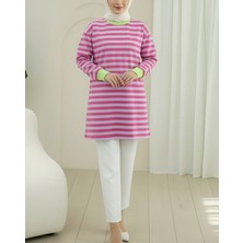 Modamorfo Renkli Çizgili Yuvarlak Yaka Sweat  -Fuşya