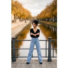 Hies Bol Paça Palazzo Likralı Kadın Jeans Buz Mavisi Pantolon - Yeni Sezon