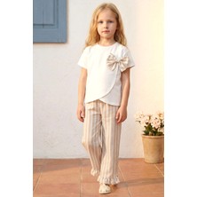 Minipodyum Kız Çocuk Alt Üst Takım Çizgili Pantolonlu Fiyonk Detaylı