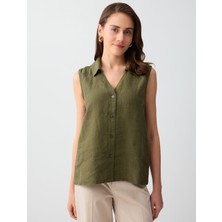 Jimmy Key Haki %100 Keten Kolsuz Dar Kesim Gömlek