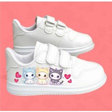Lias Design Kalpli Üç Kedi Baskılı Beyaz Bantlı Çocuk Spor Ayakkabı Sneaker