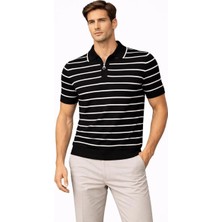 Velmora Fashion Erkek Triko Polo Yaka Fermuarlı Çizgili Tişört T-Shirt Yazlık Şık - Siyah
