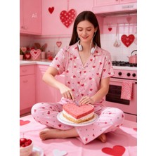 NiCe İç Giyim Kalp Desen Pembe Renk Gömlek Yaka Düğmeli Kısa Kol Kadın Pijama Takım
