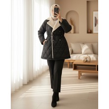 Modamorfo Beli Lastikli Peluş Detaylı Kapitone Mont -Siyah