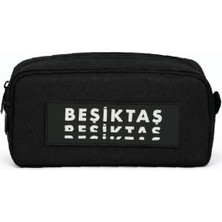 Beşiktaş Lisanslı Siyah Yazılı Kalemlik - Çift Bölmeli Su Itici Kumaşlı Kalem Çantası