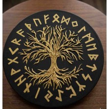 Hayat Ağacı ve Viking Runik Semboller El Işçiliği Kabartmalı Duvar Tablosu (Siyah - Altın)