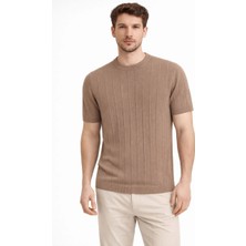 3 Erkek Yazlık Fitilli Triko Tişört Kısa Kol Bisiklet Yaka T-Shirt - Kahverengi