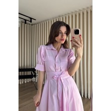 Sue Store Toz Pembe Balon Kol Korse Detaylı Gömlek Elbise