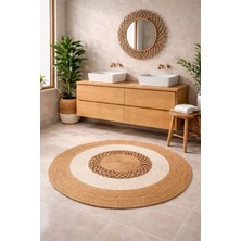 Home İnn Bohem Hasır Görünümlü Yuvarlak Halı & Örgü Çerçeveli Ayna Seti | Doğal Banyo Salon Dekorasyonu